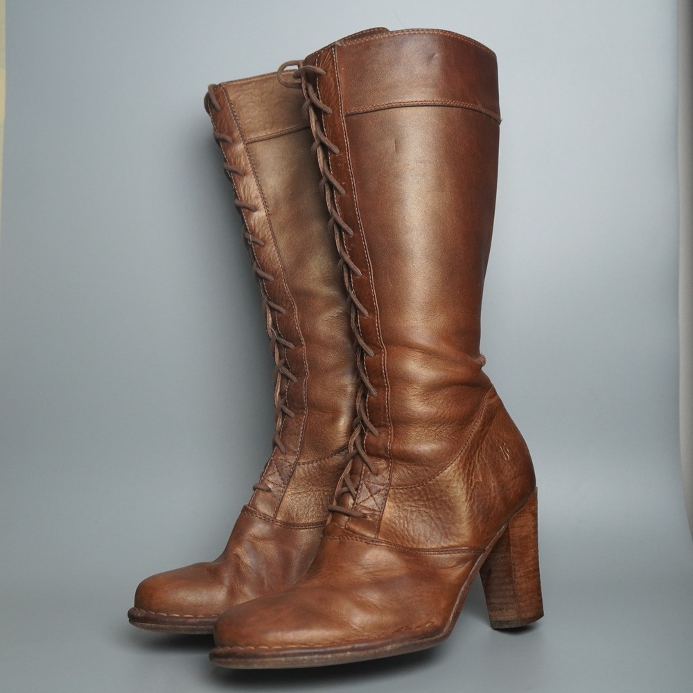Vintage FRYE Villager Lace Up Zippered Tan Knee High Tall Boots Womens Sz 7.5